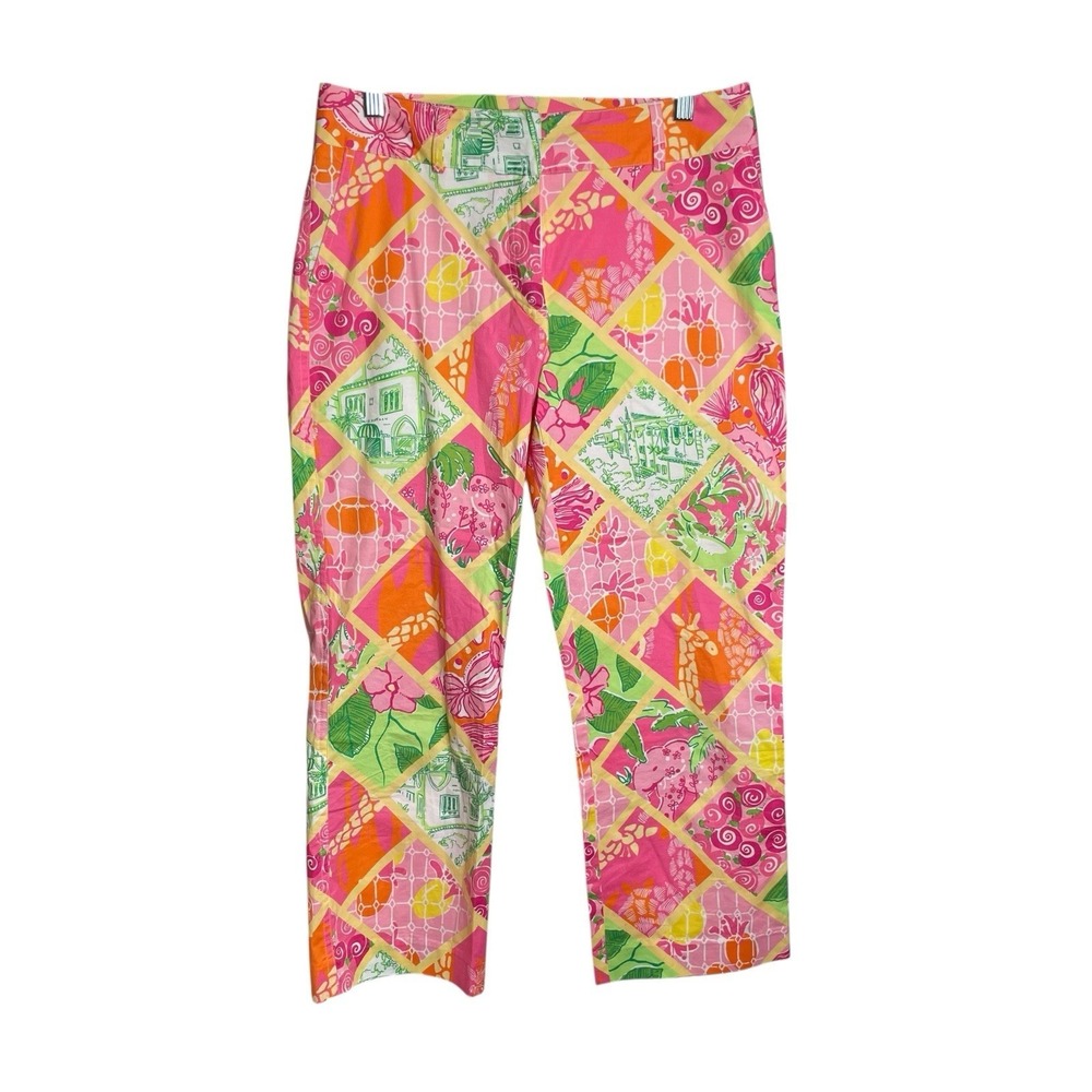 Lilly Pulitzer Pink Green Palm Tropical Patchwork Cropped Pants Sz 4 Preppy Chic